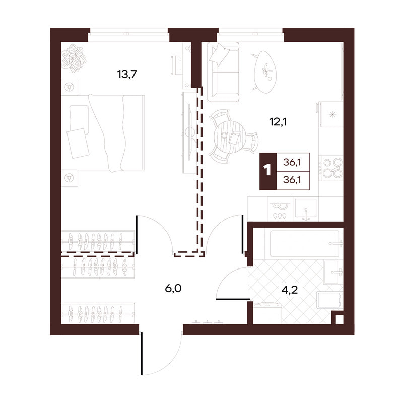 1-комнатная 36 м²