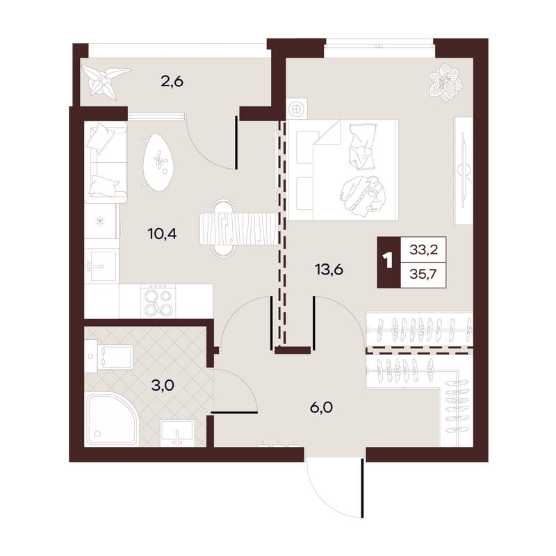 1-комнатная 35 м²