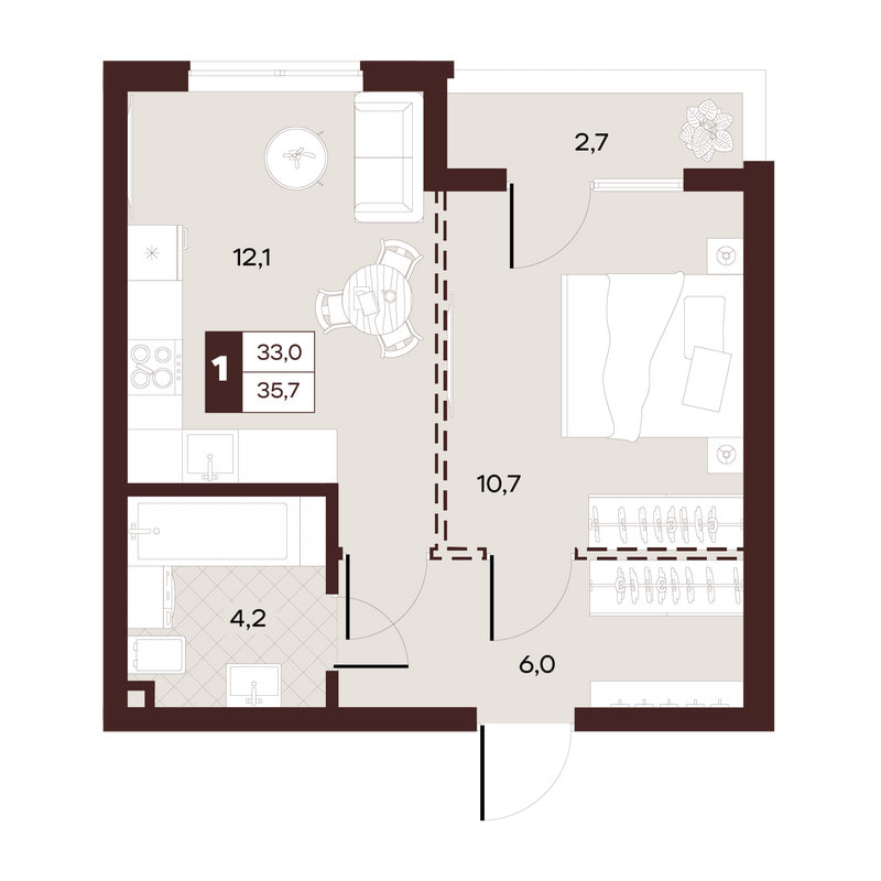 1-комнатная 35 м²