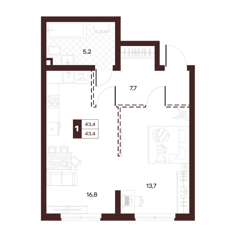 1-комнатная 43 м²
