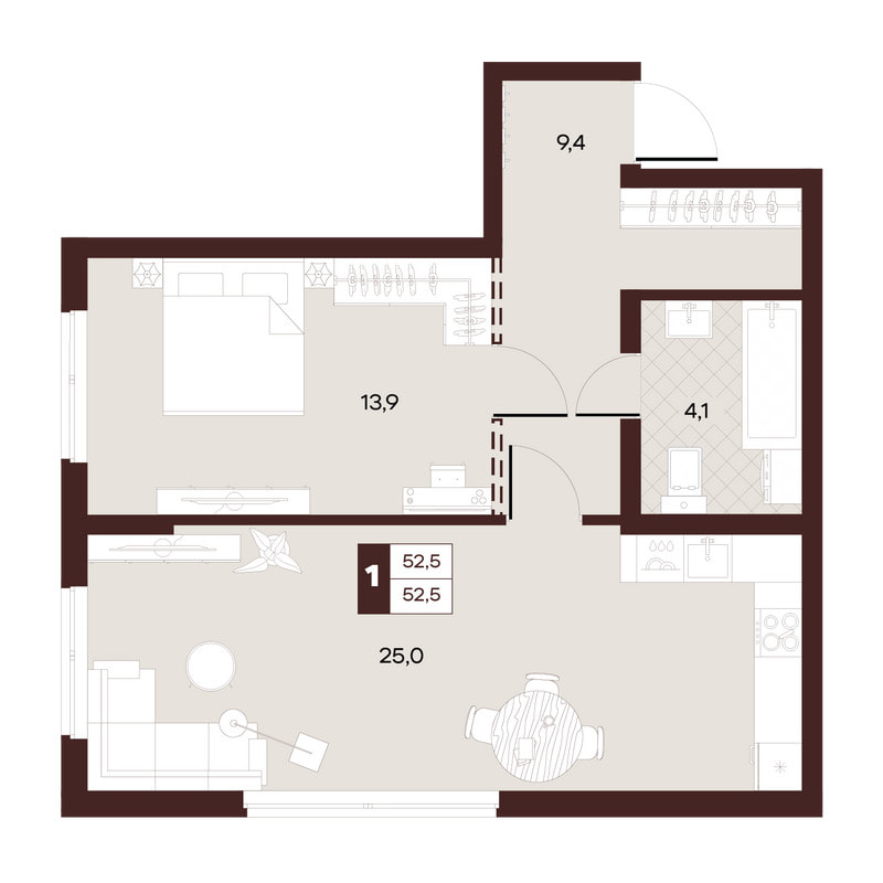 1-комнатная 52 м²