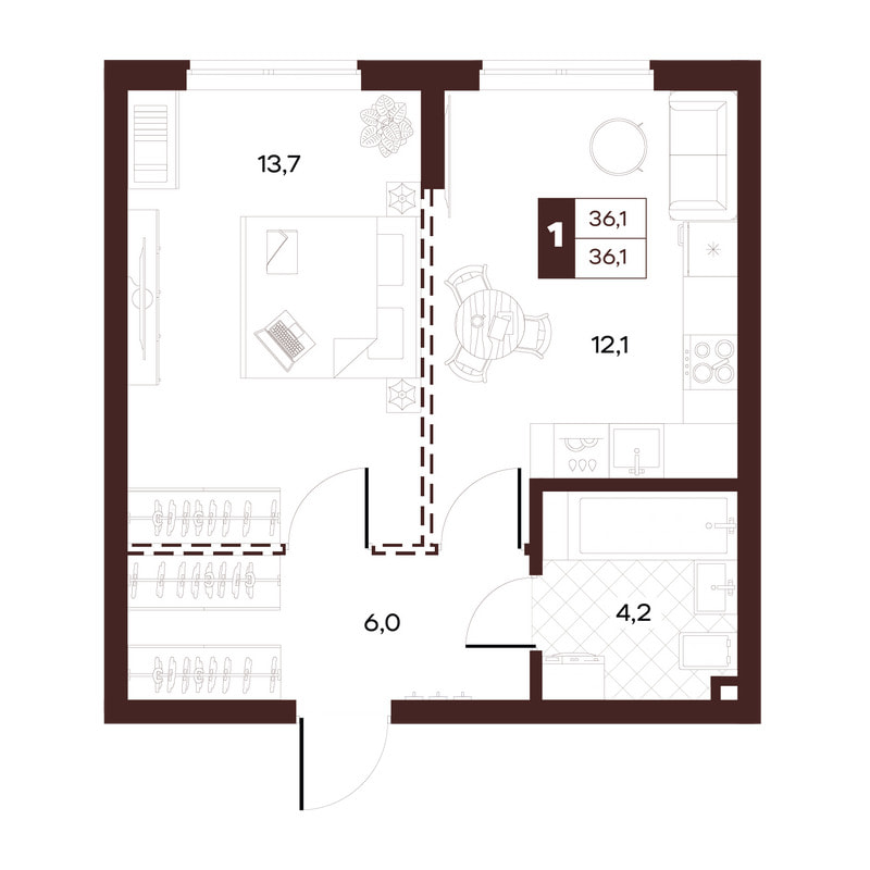 1-комнатная 36 м²
