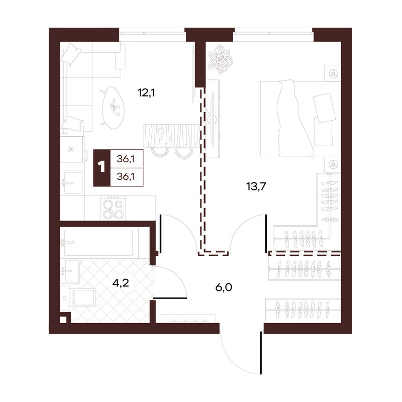 1-комнатная 36 м²