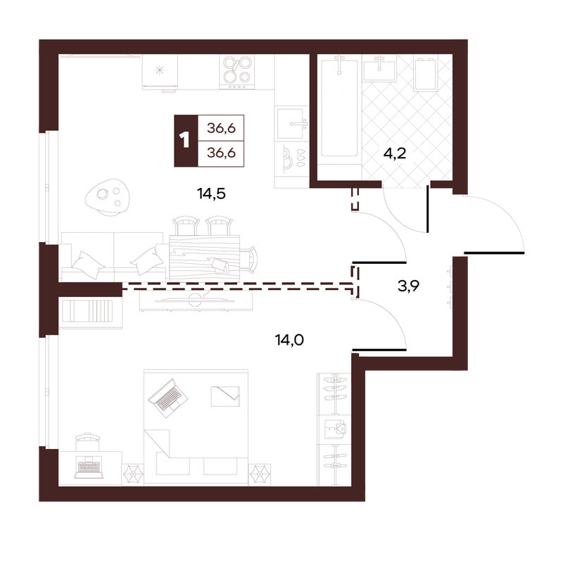 1-комнатная 36 м²