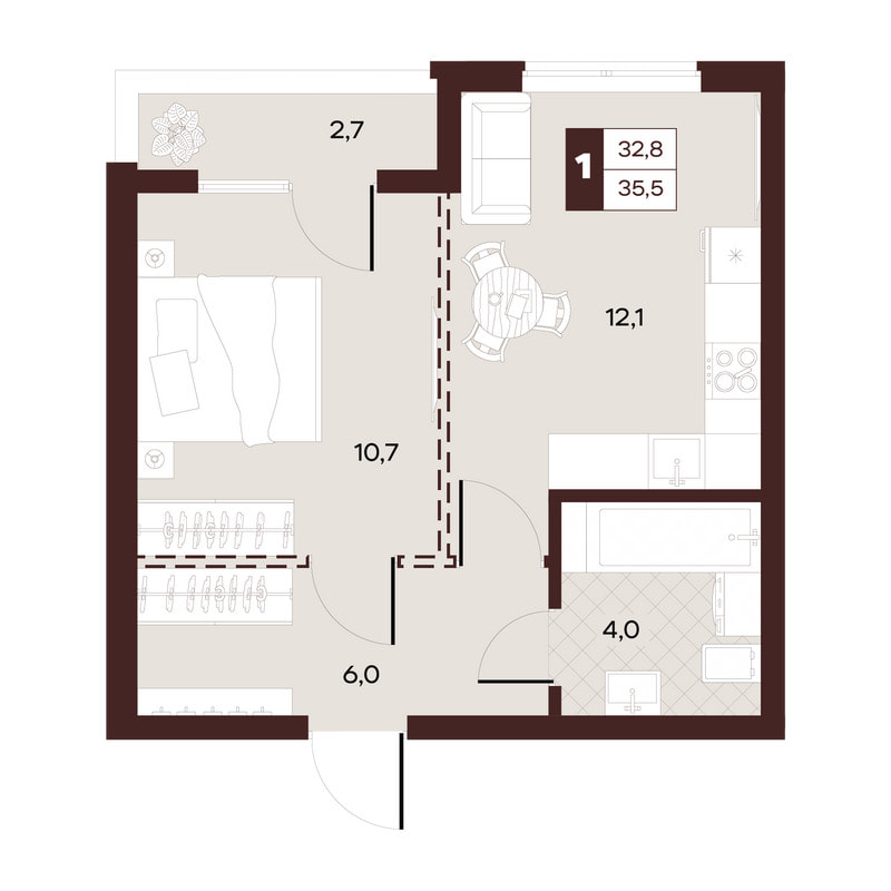 1-комнатная 35 м²