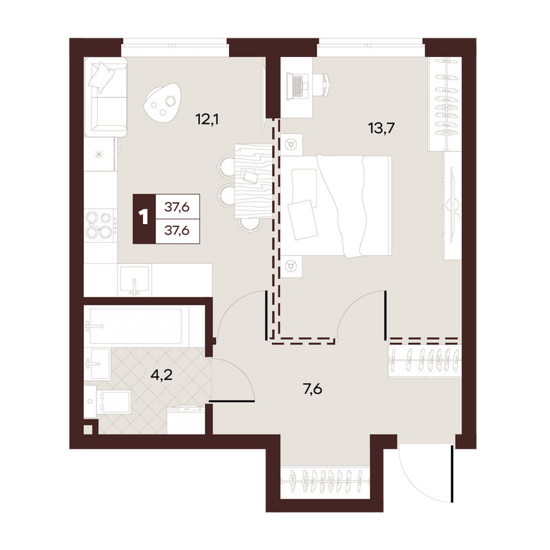 1-комнатная 37 м²
