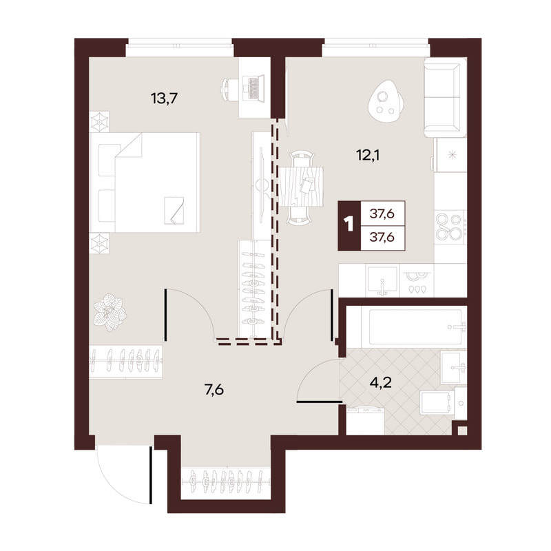 1-комнатная 37 м²