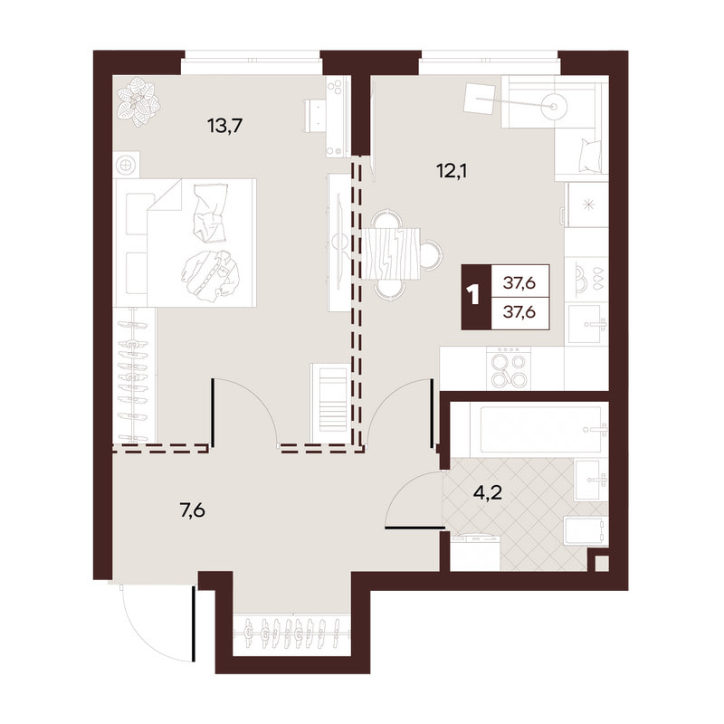 1-комнатная 37 м²