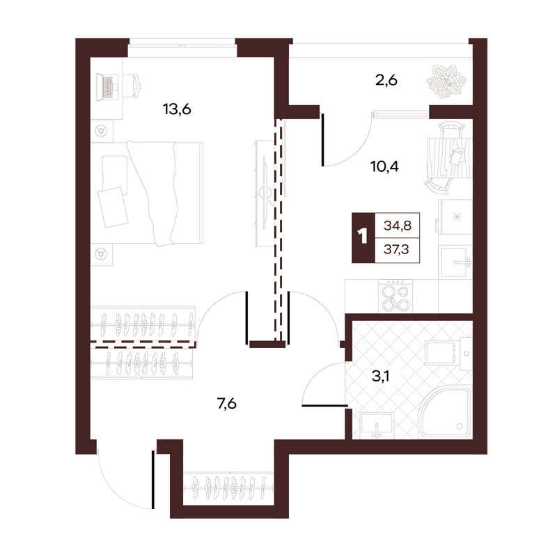 1-комнатная 37 м²
